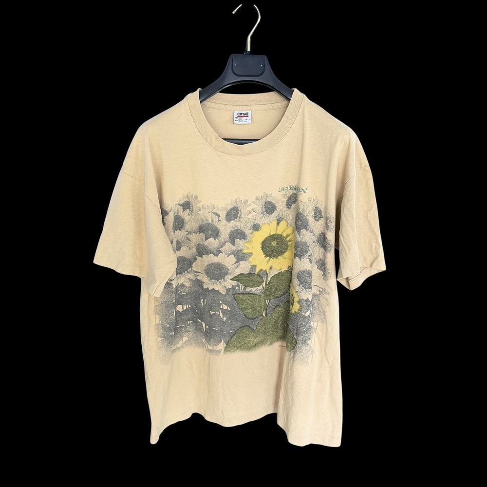 Vintage 90's Anvil Sunflower Long Beach T-Shirt XL‎ Tan Made in USA Cotton